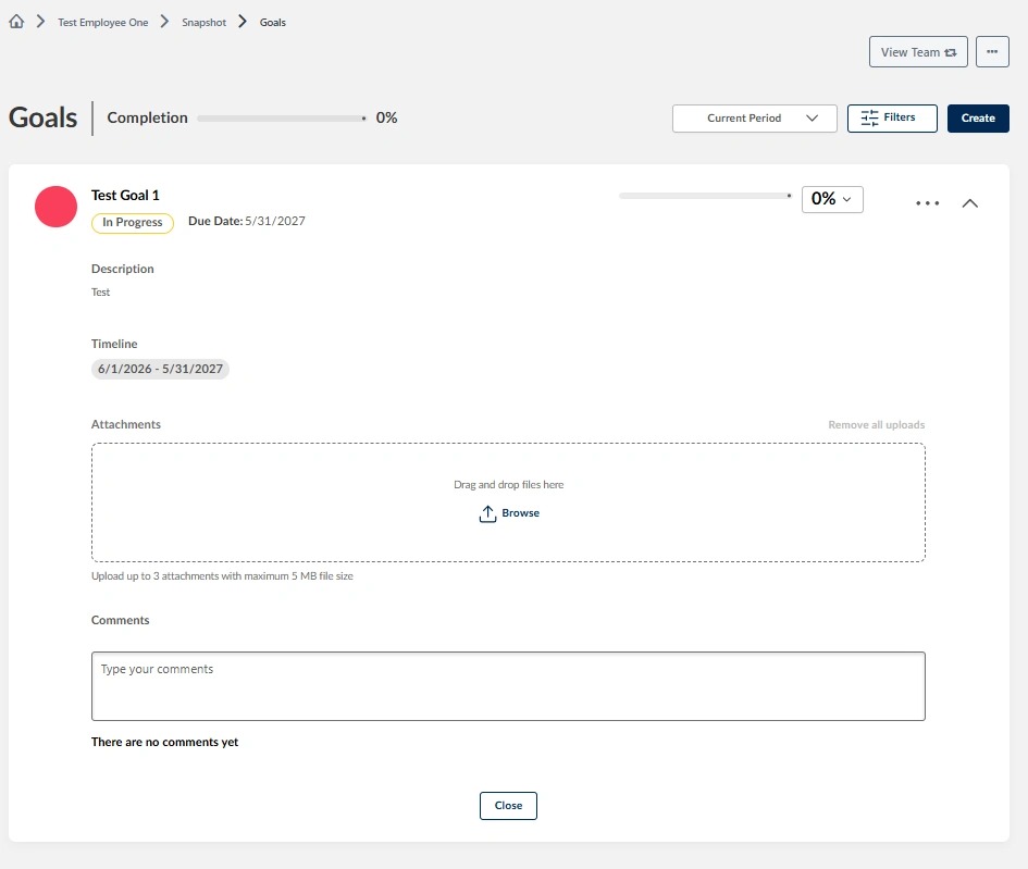 Expanded employee goal displaying the goal description, timeline, attachment upload area, comments section, and Close button.