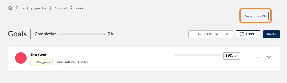 Goals page displayed after submitting modifications, with the View Team button highlighted to select another employee for review.
