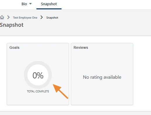Employee Snapshot page with the Goals widget highlighted to access the employee's goals and progress information.