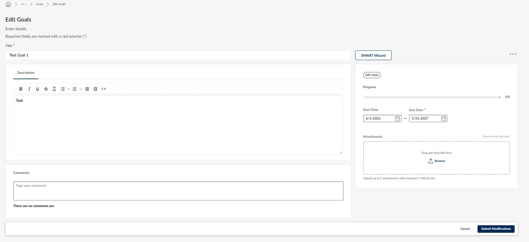 Edit Goals page showing fields to modify goal information, including title, description, dates, attachments, comments, and the Submit Modifications button