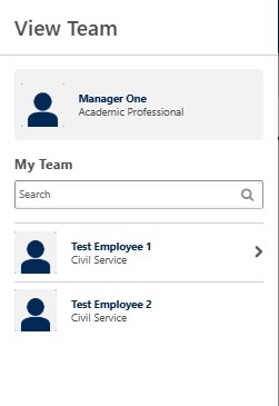 View Team panel displaying a searchable list of employees available for selection.