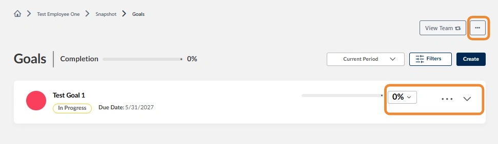 Employee goals page showing current goals, progress percentage controls, options menu for downloading a PDF, and expand icons to view additional goal details