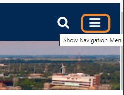 Cornerstone homepage displaying the Show Navigation Menu icon highlighted in the upper-right corner of the screen.