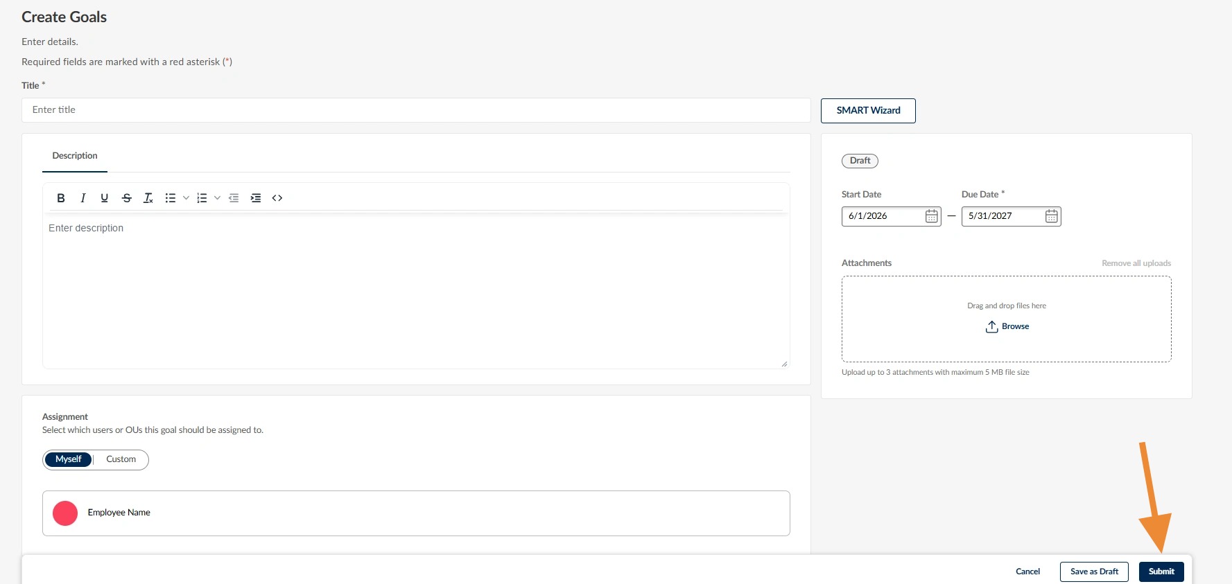 Create Goals screen with the "Submit" button highlighted, indicating where employees finalize and submit a goal.