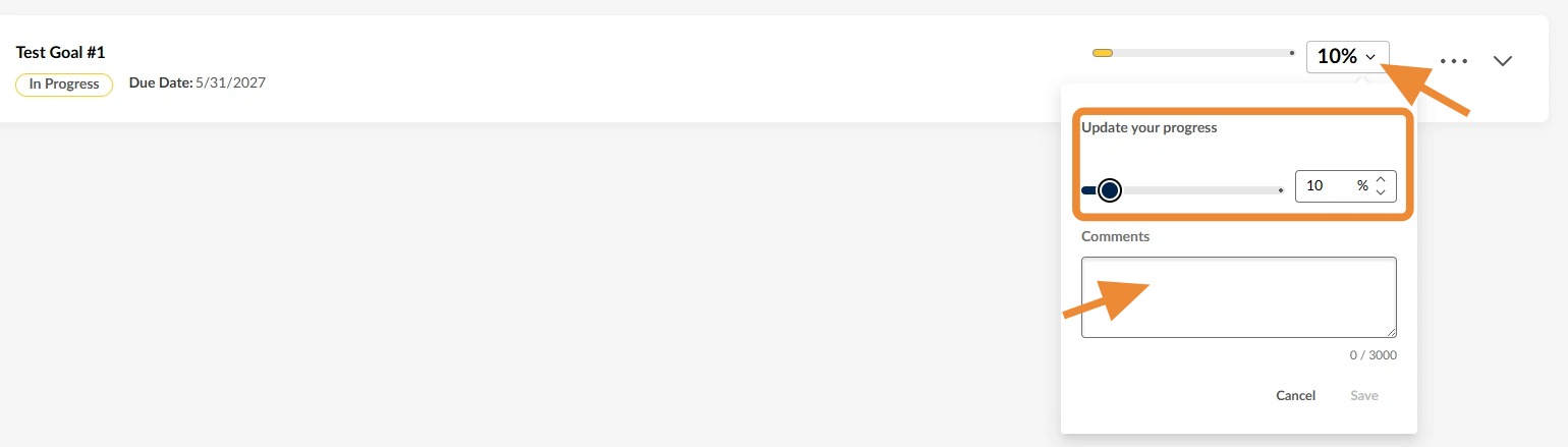 Goals Dashboard displaying the progress update panel with a percentage slider and comments field, demonstrating how employees record goal progress and add comments.
