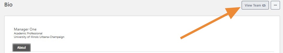 Employee Bio page showing the View Team button highlighted to access direct reports' profiles and goals.