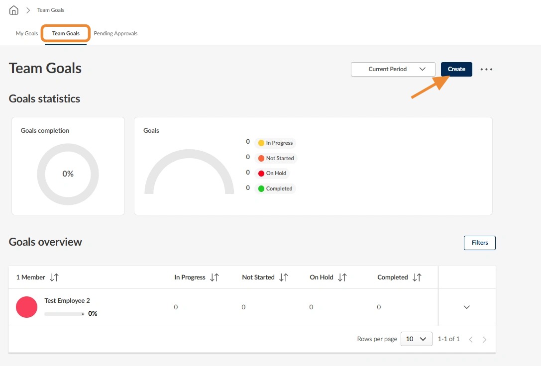 Screenshot of the Cornerstone Team Goals page with the Team Goals tab and Create button highlighted, demonstrating where managers can create new team goals.