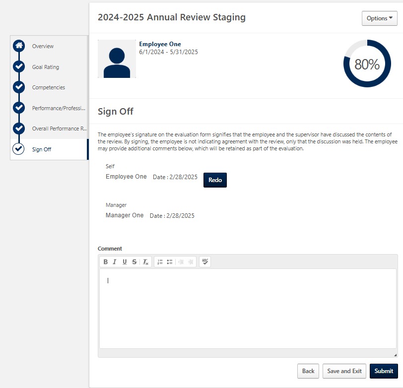 Screenshot showing the final acknowledgement page with options to submit, redo the signature, or save and exit.