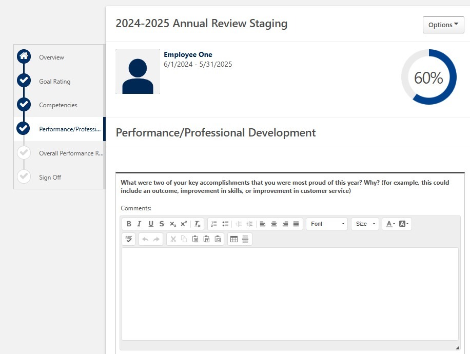 Performance and Professional Development page displaying employee responses to development questions and a manager comments field for feedback.