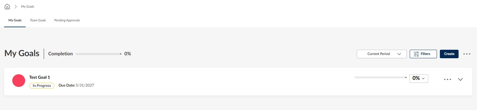 Screenshot of the Cornerstone Performance "My Goals" page displaying a completion bar, goal entries for the current review period, filter options, and a Create button. Users can view existing goals and adjust the date range to display goals from previous review periods.