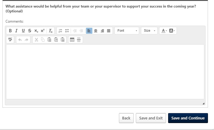 Performance and Professional Development section with a manager comment area and the "Save and Continue" button highlighted.