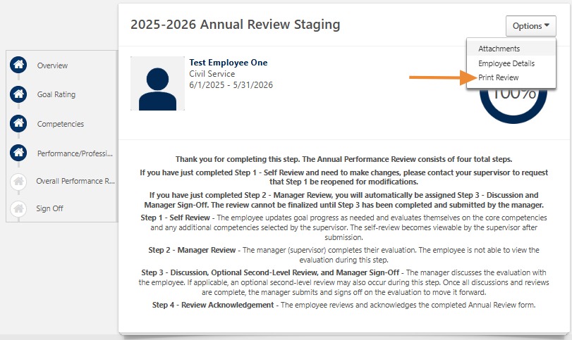 Screenshot of the Annual Review summary page indicating completion of the self-review step and highlighting the "Print Review" option in the menu.