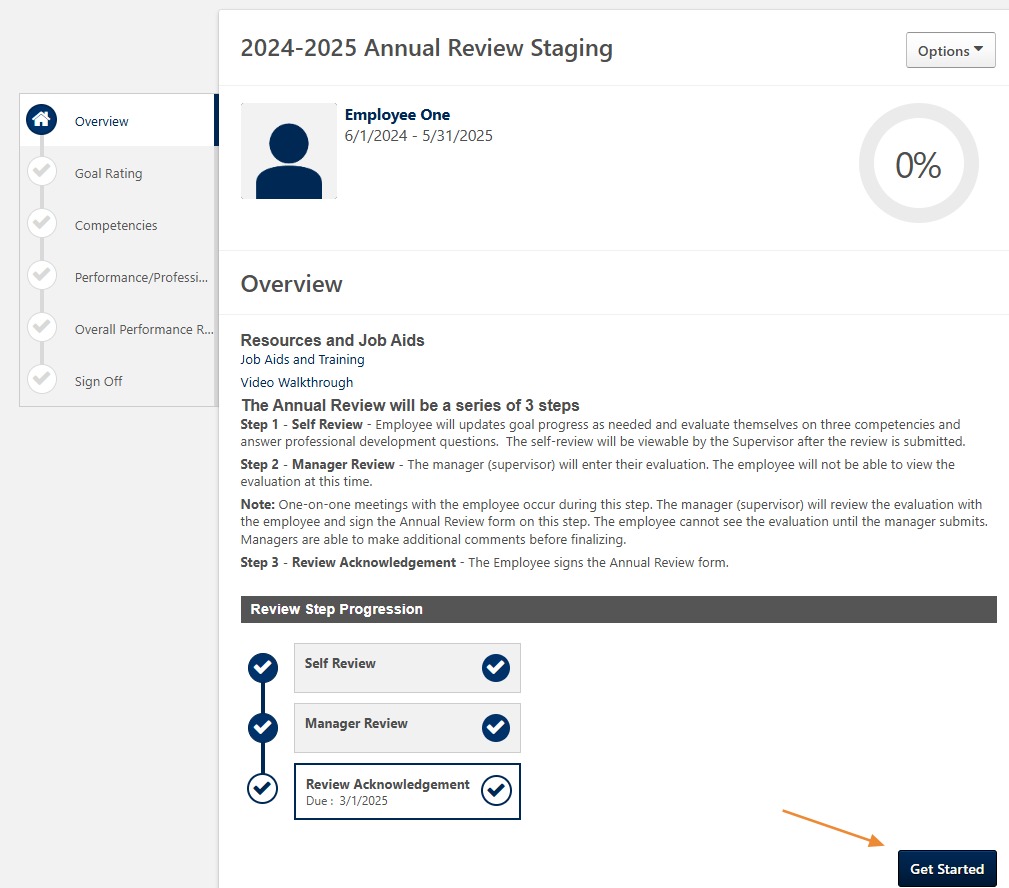 Screenshot of the Scheduled Tasks page showing the Annual Review task available to open by selecting "Get Started."