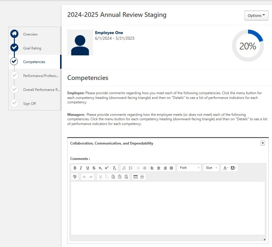 Competencies page displaying competency evaluation sections with manager comment fields and options to view performance indicator details.