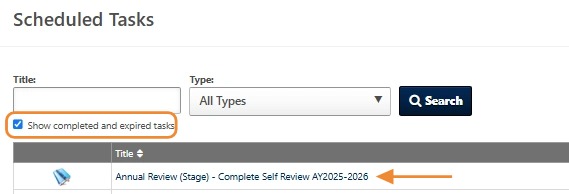 Screenshot of the Scheduled Tasks page showing the "Show completed and expired tasks" option and a completed Annual Review task.