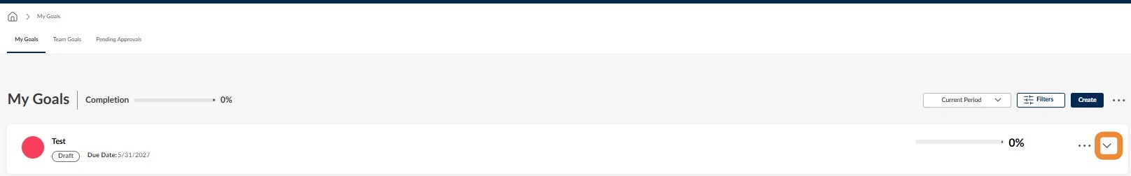 Screenshot of the My Goals page with the expand arrow highlighted to open a condensed view of goal details.