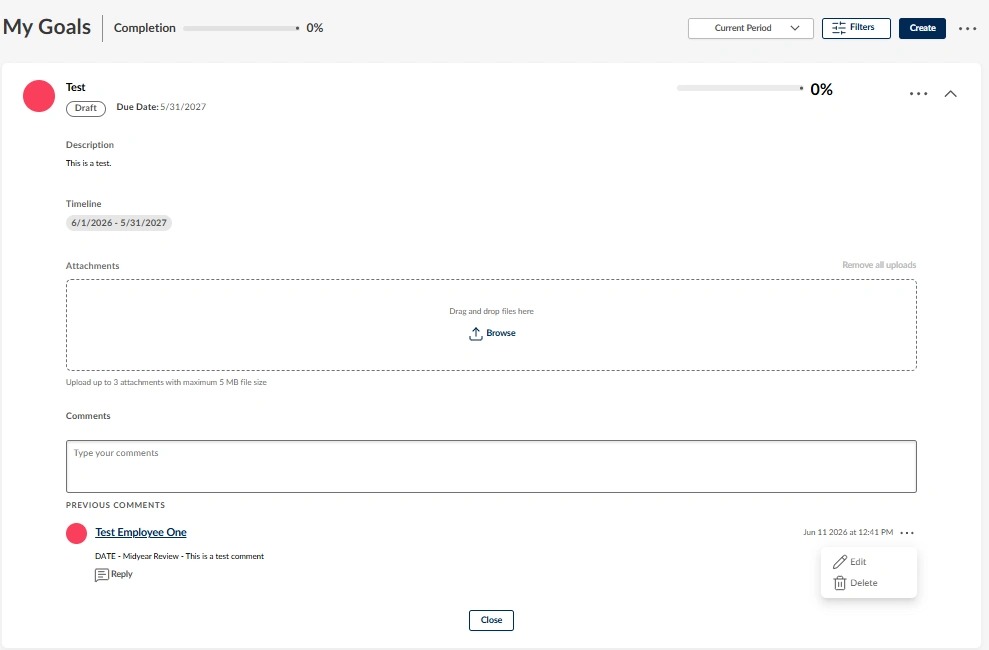 Screenshot showing an example midyear review comment entered in the comments editor with the Post button highlighted.
