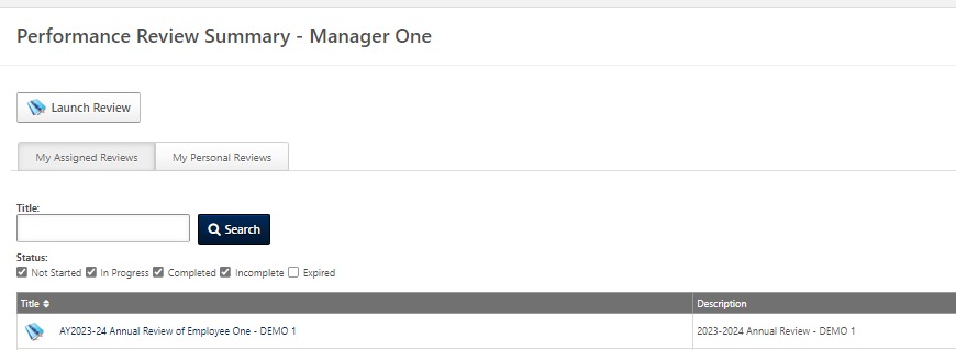 Expanded Performance menu displaying the "Performance Reviews" option used to access completed reviews.