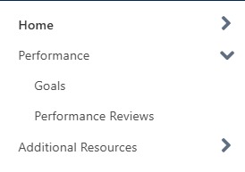 Screenshot showing the Cornerstone navigation menu expanded with the Performance section open and the Goals option selected.