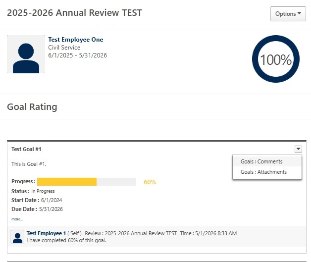 Screenshot showing a goal progress slider, goal history options, and areas to view goal comments and attachments.