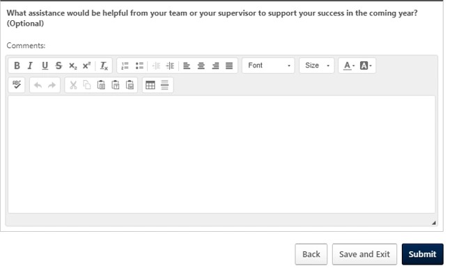 Screenshot showing the final self-review page with a comments field and a "Submit" button used to send the self-review to the supervisor.