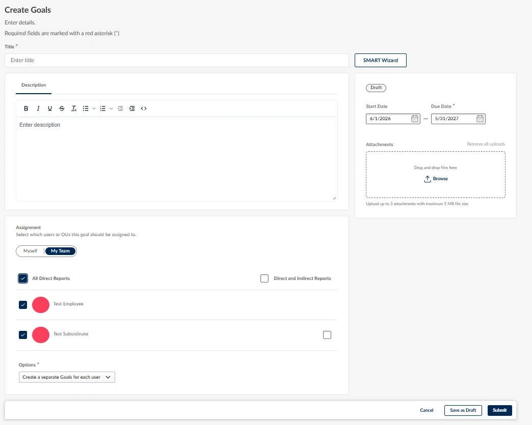 Screenshot of the Create Goals form displaying fields for title, description, start and due dates, attachments, assignment options for self or team members, and action buttons for Cancel, Save as Draft, and Submit.