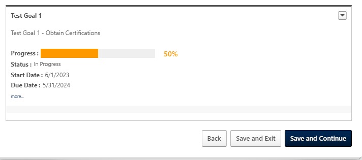Screenshot of the goals review page displaying goal progress information and the "Save and Continue" button.