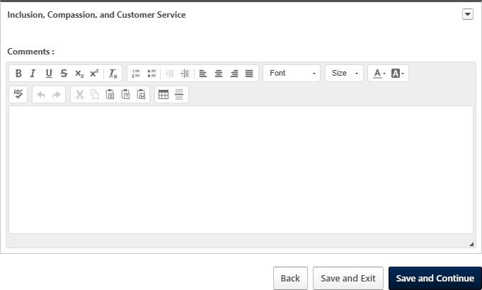 Competency evaluation page showing a comments section and navigation buttons to save progress or continue to the next step.