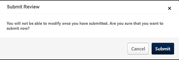 Screenshot of a confirmation dialog box warning that submitted reviews cannot be edited and requesting confirmation to submit the review.
