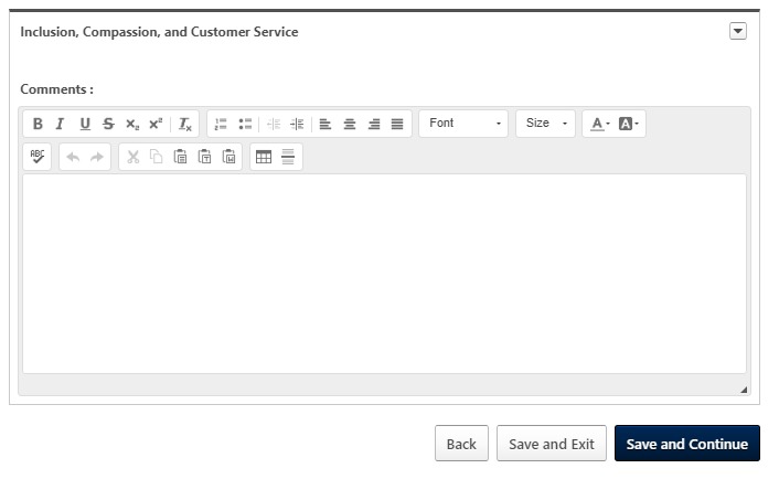 Screenshot showing a competency comments page with "Save and Continue" and "Save and Exit" options.