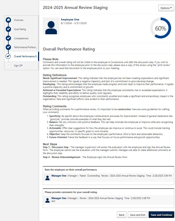 Screenshot of the Overall Performance Rating page displaying the employee's performance rating and continuation options.