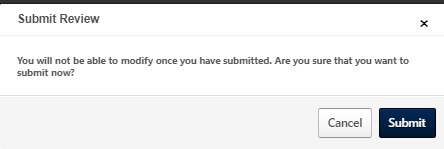 Screenshot of a submission confirmation message indicating that no further changes can be made after submitting the Annual Review.