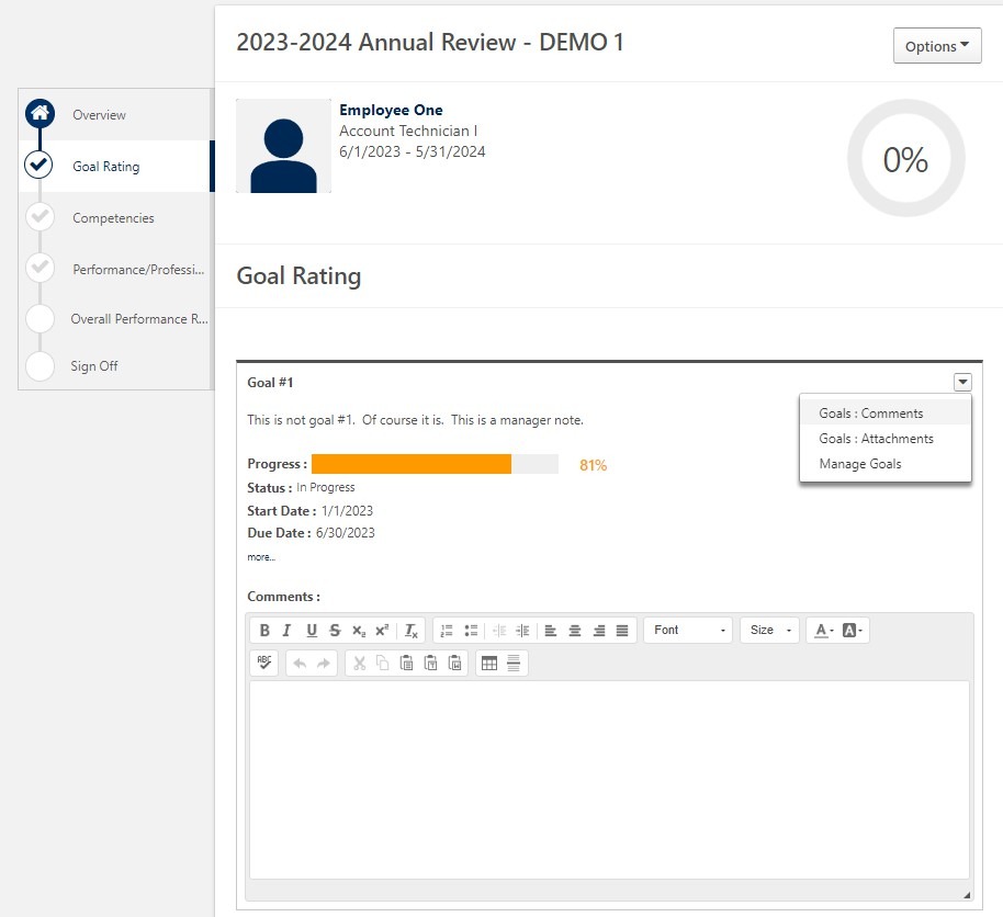 Annual Review Overview page showing the four-step review process, including Self Review, Manager Review, Discussion and Sign-Off, and Review Acknowledgement, with "Get Started" and "Reopen Step" options.