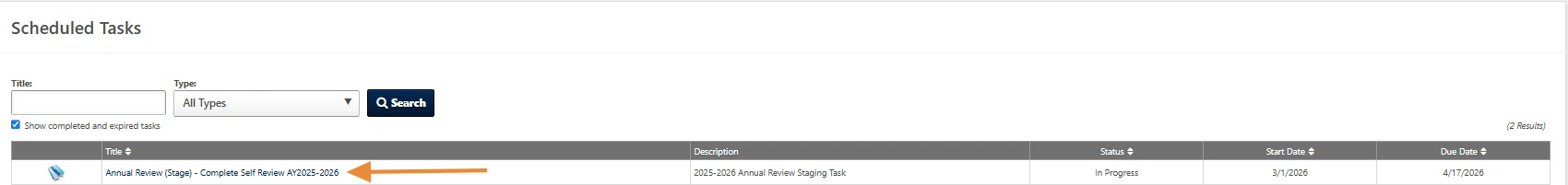 Screenshot of the Scheduled Tasks page displaying the Annual Review acknowledgement task assigned to the employee.