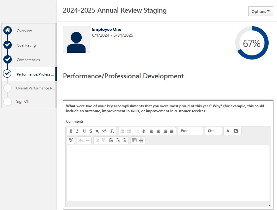Screenshot of the Performance and Professional Development section displaying questions for employee self-reflection and a text box for responses.