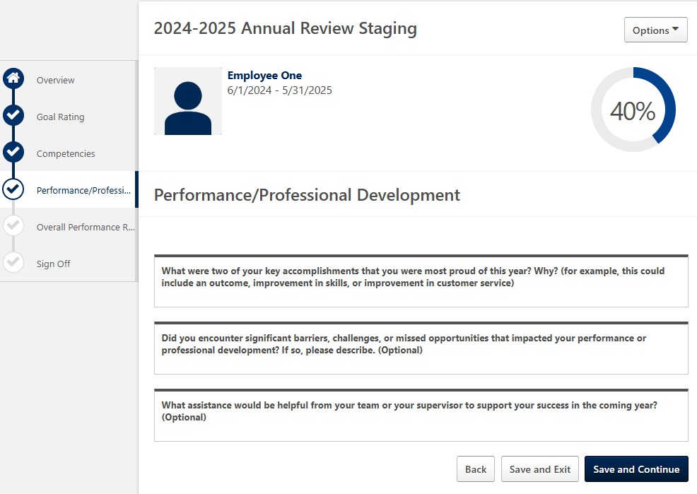 Screenshot of the Performance and Professional Development section displaying manager comments for employee review.