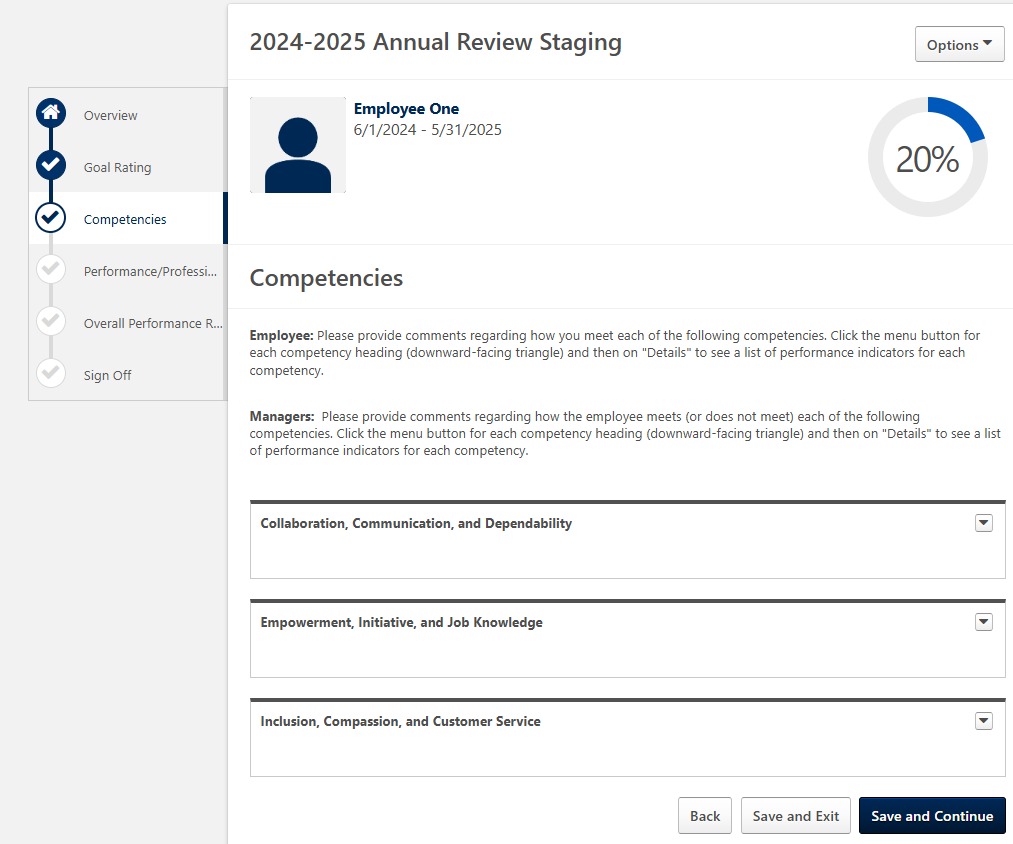 Screenshot of the Competencies section showing manager comments for employee review before continuing.