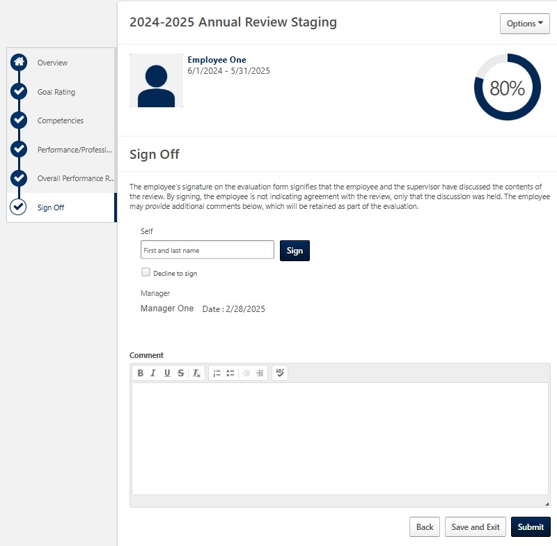 Screenshot of the Sign Off page showing signature fields, comments section, and options to sign or decline acknowledgement of the review.