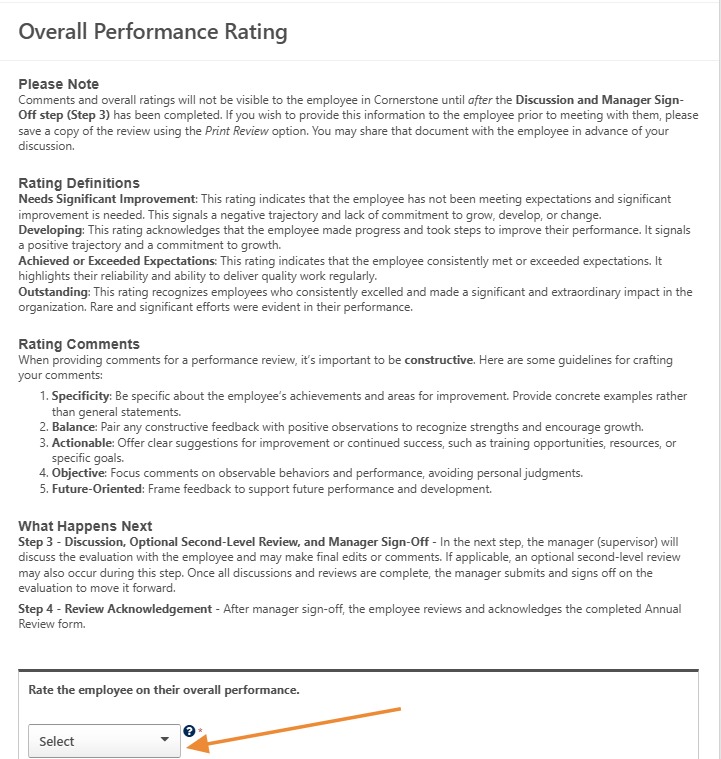 Overall Performance Rating page displaying rating definitions and a drop-down menu used to select an employee's overall performance rating.