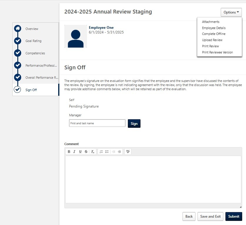 Sign Off page showing options to print the review, enter the manager's name for signature, add comments, and submit the annual review.