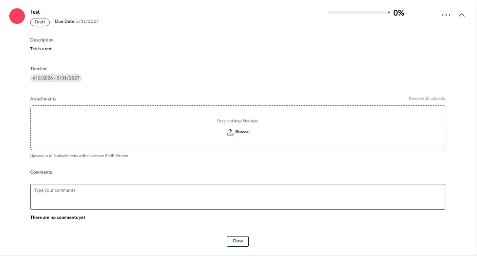 Screenshot showing an expanded goal with details including description, timeline, attachments, and a comments section.