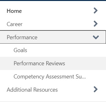 Expanded Performance menu displaying the "Performance Reviews" option used to access completed reviews.