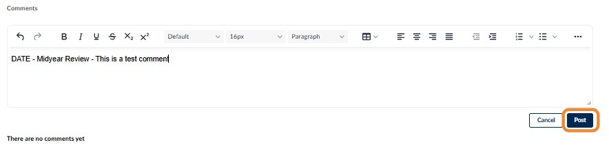 Screenshot showing an example midyear review comment entered in the comments editor with the Post button highlighted.