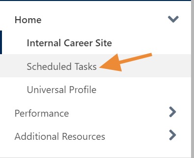Screenshot of the Cornerstone navigation menu showing the "Scheduled Tasks" option selected under the Home menu.