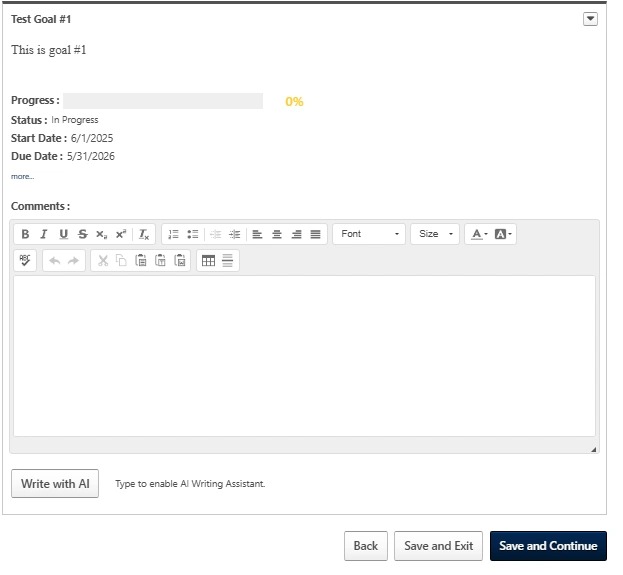 Screenshot of a goal details page displaying a comments field and buttons to save progress, exit, or continue with the review process.