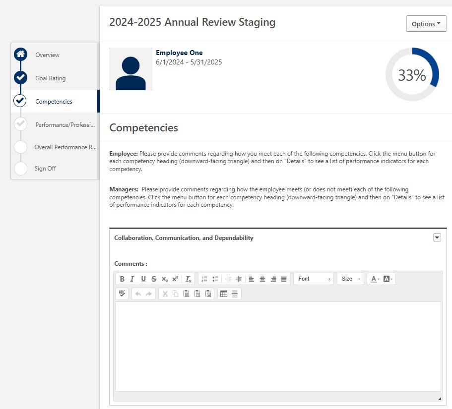 Screenshot of the Competencies section with a comments area for self-assessment and options to view competency details and performance indicators.