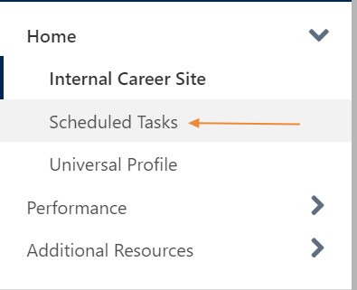 Expanded Cornerstone navigation menu showing the "Scheduled Tasks" option highlighted under the Home menu.