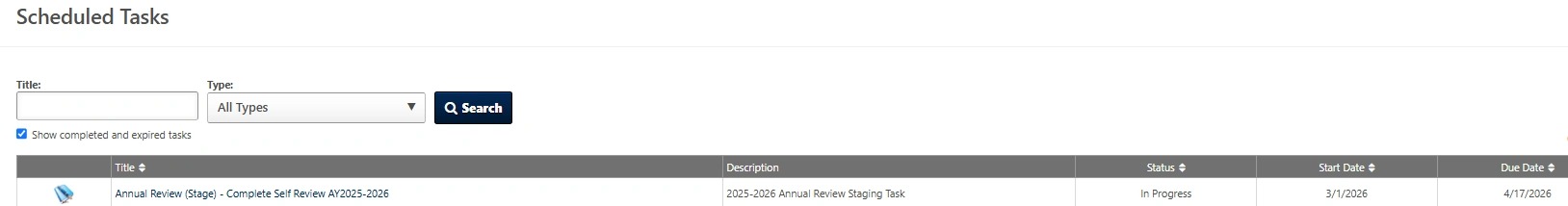 Screenshot of the Scheduled Tasks page displaying an assigned Annual Review task available for selection.