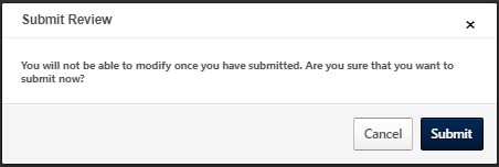 Submit Review confirmation pop-up warning that changes cannot be made after submission and providing Cancel and Submit options.