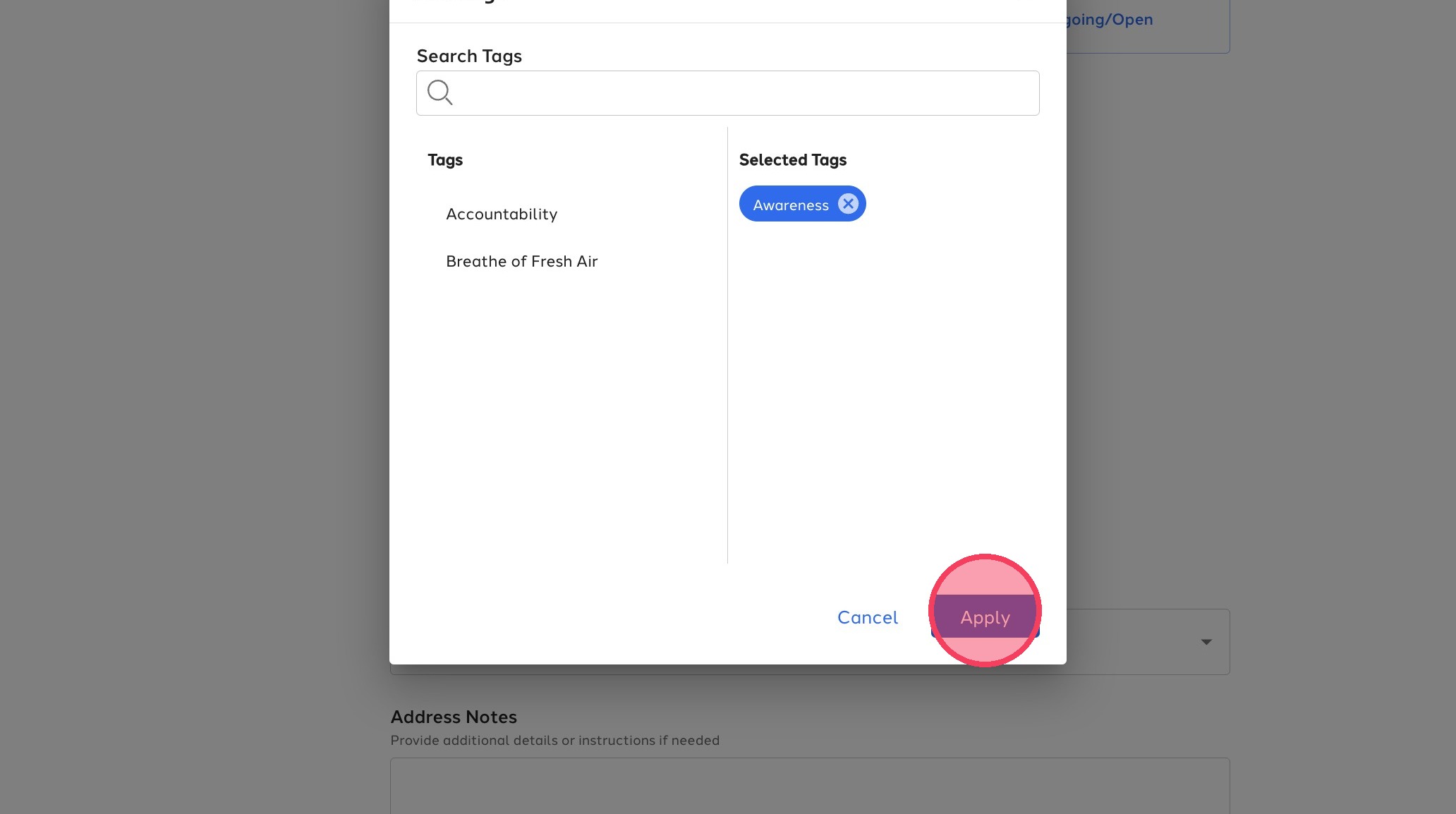 Click the apply button to save the tag selection.